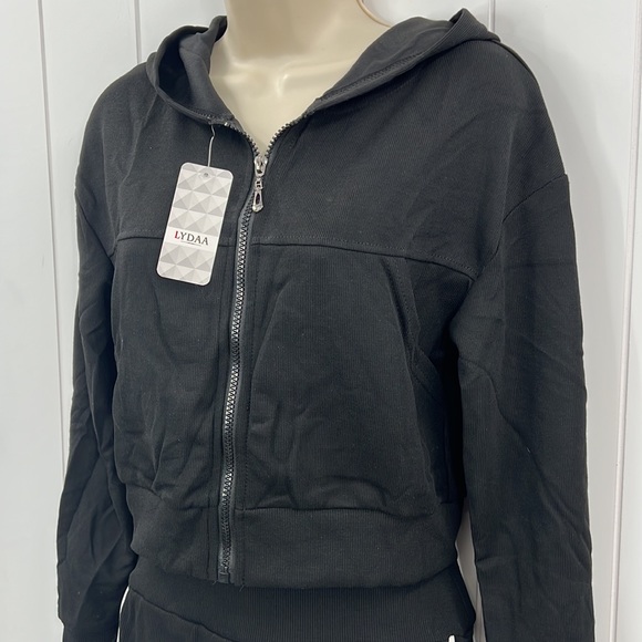 🆕Lydaa Ribbed Zip Up Jacket & Short Set Hooded Jacket W/Pockets Black S,M,L,XL - Picture 2 of 11